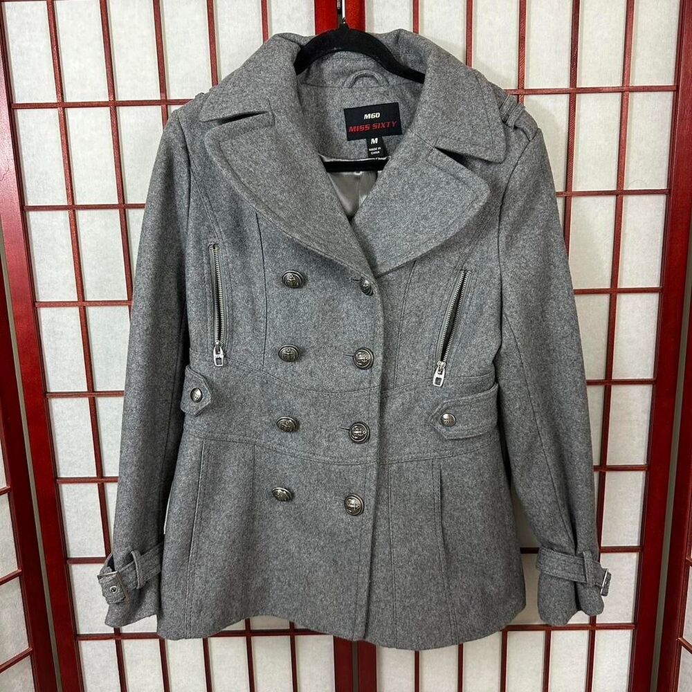 Y2K Miss Sixty Grey Wool Blend Double Breasted Pea Coat Classic Preppy